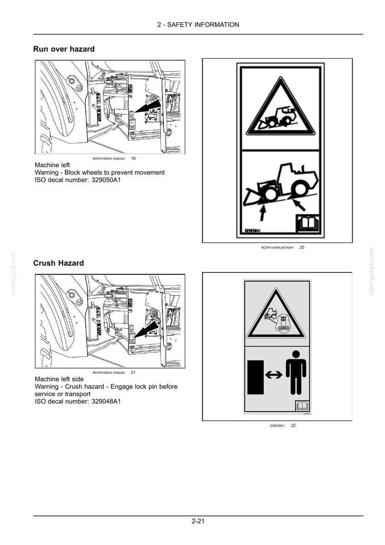May include: Safety information page with diagrams and text. Includes warnings about run over and crush hazards. The diagrams show machinery and safety symbols. Text includes ISO decal numbers.
