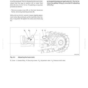 K&ouml;nnte beinhalten: Technische Zeichnung des Fahrwerks einer Maschine, mit detaillierten Angaben zur Kette und den zugeh&ouml;rigen Komponenten. Anweisungen zum L&ouml;sen der Kette sind enthalten, zusammen mit Sicherheitshinweisen.