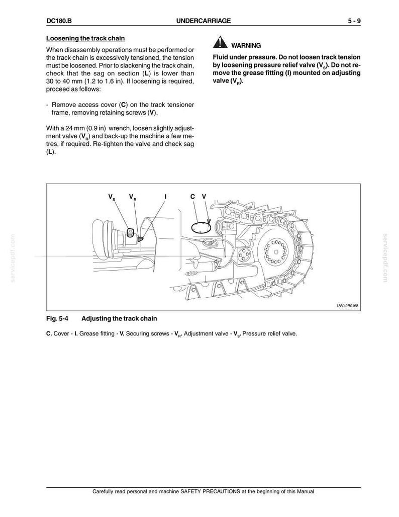 K&ouml;nnte beinhalten: Technische Zeichnung des Fahrwerks einer Maschine, mit detaillierten Angaben zur Kette und den zugeh&ouml;rigen Komponenten. Anweisungen zum L&ouml;sen der Kette sind enthalten, zusammen mit Sicherheitshinweisen.