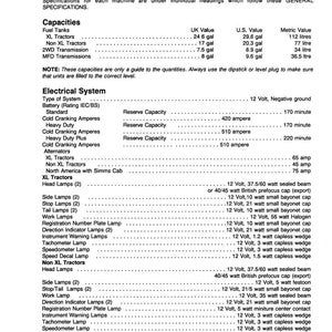 May include: A detailed technical specification sheet with headings for Capacities and Electrical System. Includes UK, US, and Metric values for fuel tanks. Lists various lamp types and electrical system details.