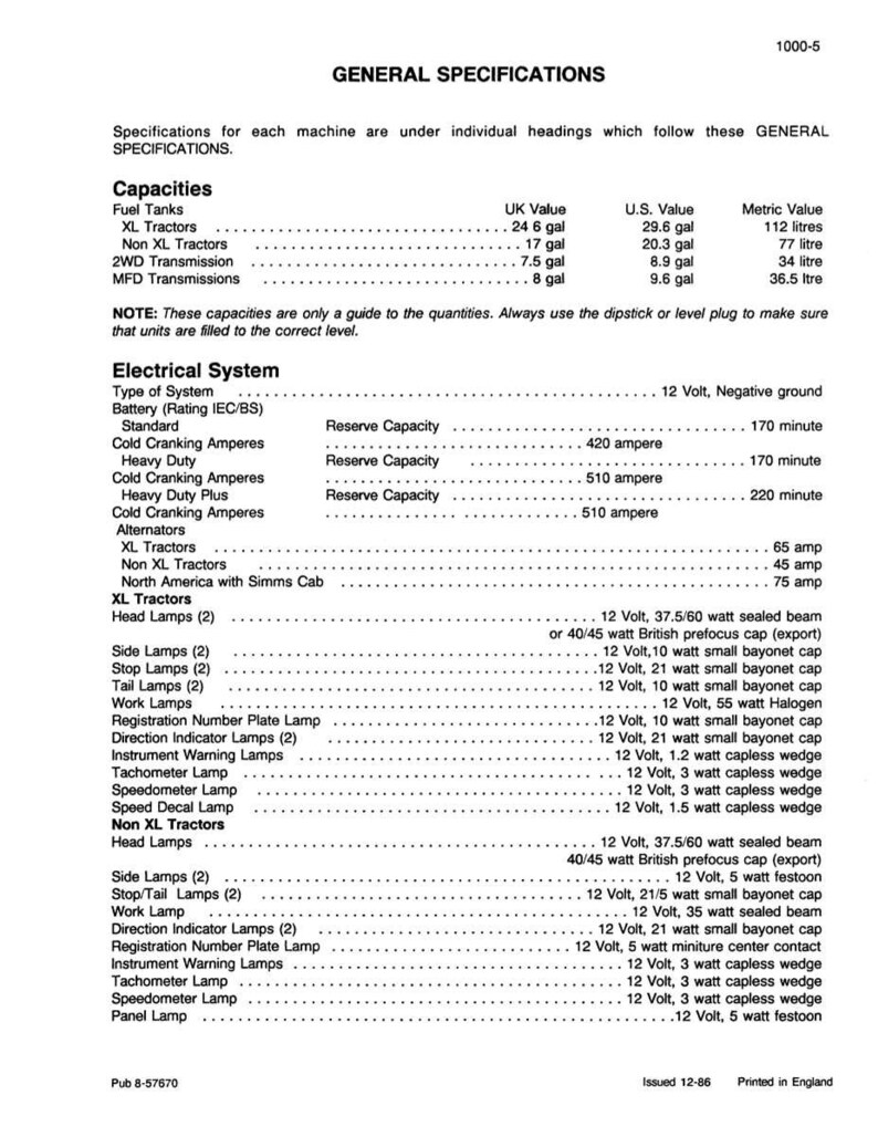 May include: A detailed technical specification sheet with headings for Capacities and Electrical System. Includes UK, US, and Metric values for fuel tanks. Lists various lamp types and electrical system details.