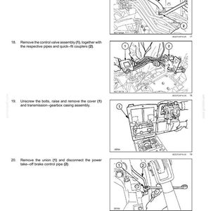 May include: A technical manual page titled Transmission - Rear drive featuring four black and white line drawings with numbered callouts. The diagrams illustrate mechanical steps for loosening nuts, removing control valve assemblies, and disconnecting pipes.