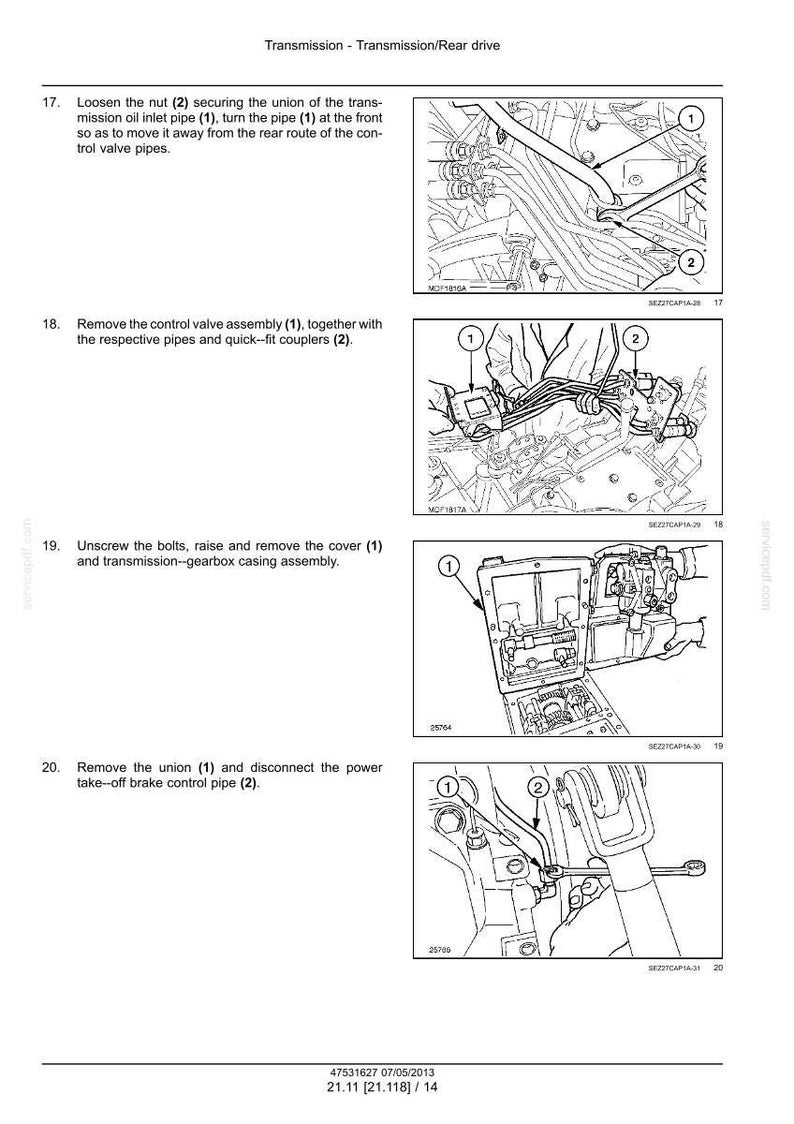 May include: A technical manual page titled Transmission - Rear drive featuring four black and white line drawings with numbered callouts. The diagrams illustrate mechanical steps for loosening nuts, removing control valve assemblies, and disconnecting pipes.