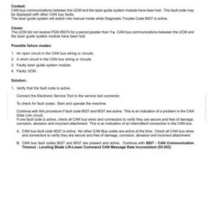Peut inclure: Document technique sur les codes d'erreur des syst&egrave;mes &eacute;lectriques, avec le code 8037, 'CAN Communication Timeout - Leveling Blade Tilt Command' et 'CAN Message Rate Inconsistent'. Contient contexte, causes et solutions.