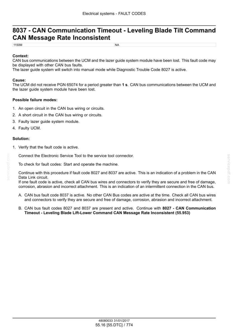 Peut inclure: Document technique sur les codes d'erreur des syst&egrave;mes &eacute;lectriques, avec le code 8037, 'CAN Communication Timeout - Leveling Blade Tilt Command' et 'CAN Message Rate Inconsistent'. Contient contexte, causes et solutions.