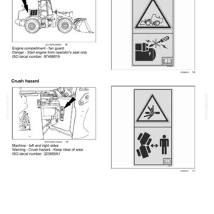 May include: A technical document page titled 2-SAFETY INFORMATION featuring black and white line drawings of heavy machinery safety decals. It displays a maintenance decal for an engine fan guard and a crush hazard warning with associated ISO decal numbers.