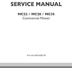 May include: A white service manual cover with the text "SERVICE MANUAL" in bold, black letters. Below, it reads "MC22 / MC28 / MC35 Commercial Mower." The bottom of the cover includes "Print No. 604.55.081.00" and a New Holland Agriculture logo.