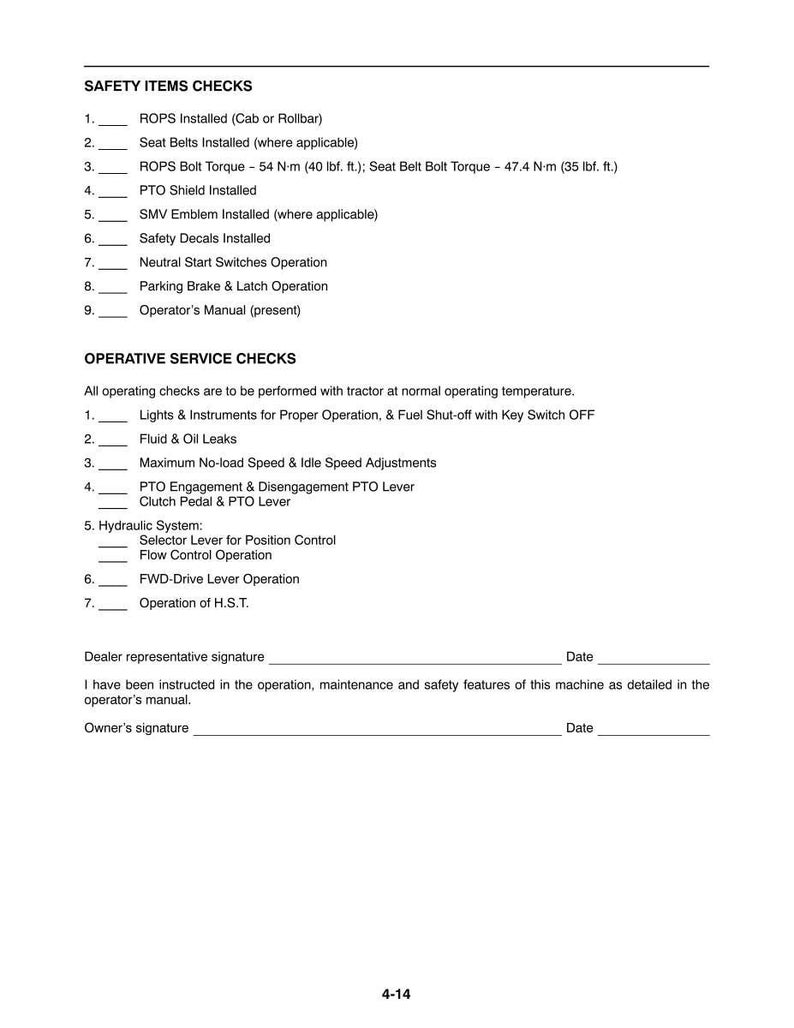 May include: A black and white document titled SAFETY ITEMS CHECKS and OPERATIVE SERVICE CHECKS. It lists maintenance tasks for a tractor, including ROPS, seat belts, PTO, and hydraulic system checks, with signature lines for a dealer and owner at the bottom.