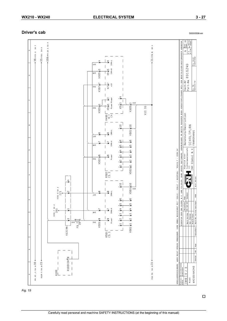 Op de afbeelding: Schema van een elektrisch systeem, getiteld "Electrical System" en "Driver's cab". Het schema bevat lijnen, vakken en tekstlabels zoals "X3051" en "X50210". De tekst "WX210-WX240" staat bovenaan, met het nummer "3-27" rechts.