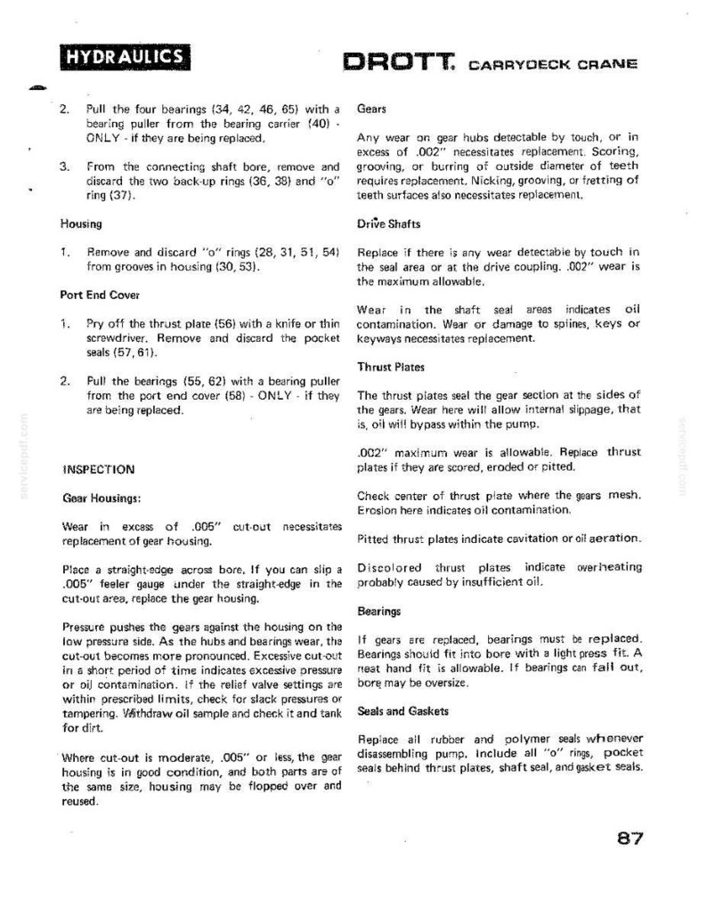 Pu&ograve; includere: Una pagina del manuale idraulico di una gru DROTT Carrydeck, con istruzioni per la rimozione e la sostituzione di parti come cuscinetti e piastre di spinta. Il testo descrive le procedure di ispezione e i limiti di usura.