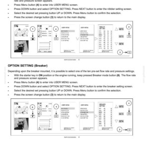 May include: A technical manual page titled 3-CONTROLS/INSTRUMENTS detailing the OPTION SETTING procedures for Nibbler and Breaker attachments. It includes numbered instructional steps, diagrams of digital display screens, and button icons.