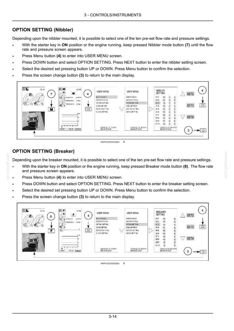 May include: A technical manual page titled 3-CONTROLS/INSTRUMENTS detailing the OPTION SETTING procedures for Nibbler and Breaker attachments. It includes numbered instructional steps, diagrams of digital display screens, and button icons.
