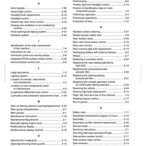 K&ouml;nnte beinhalten: Eine Seite aus einem Handbuch mit der &Uuml;berschrift "SECTION 9 - ALPHABETICAL INDEX". Schwarzer Text auf wei&szlig;em Hintergrund listet Wartungs- und Betriebsthemen f&uuml;r Fahrzeuge auf, wie "Scheinwerferlampenwechsel" und "Hydrauliksystem".