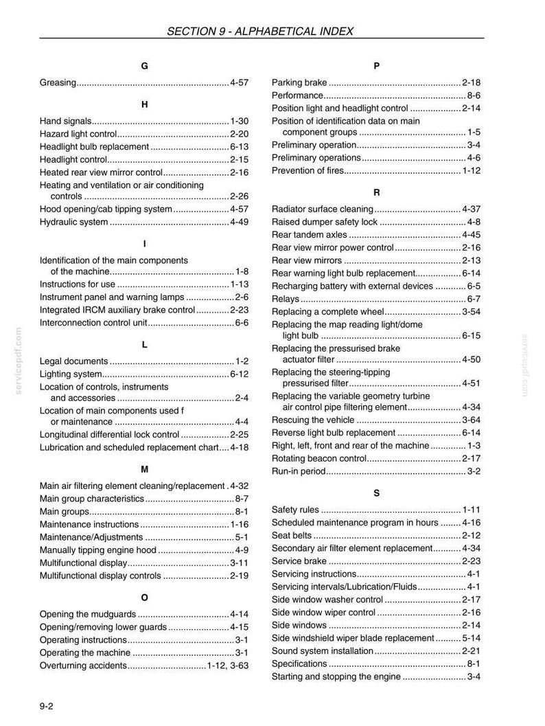 K&ouml;nnte beinhalten: Eine Seite aus einem Handbuch mit der &Uuml;berschrift "SECTION 9 - ALPHABETICAL INDEX". Schwarzer Text auf wei&szlig;em Hintergrund listet Wartungs- und Betriebsthemen f&uuml;r Fahrzeuge auf, wie "Scheinwerferlampenwechsel" und "Hydrauliksystem".