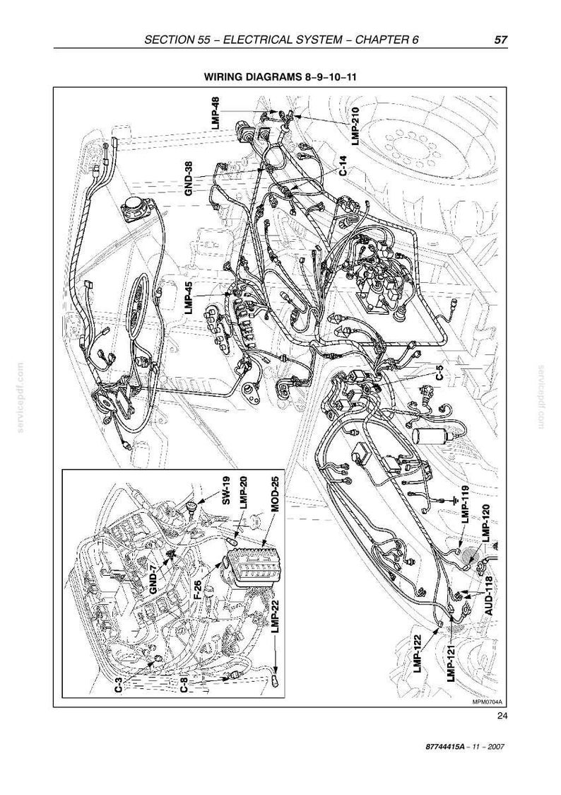 May include: Diagram of an electrical system with wiring diagrams 8-9-10-11. The image includes detailed schematics of wiring harnesses, connectors, and components, labeled with codes like LMP-48, GND-38, and C-14. The page number is 57.