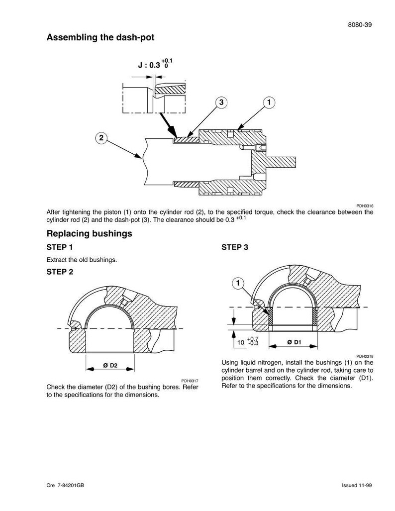May include: Technical diagram illustrating the assembly of a dash-pot mechanism. The diagram includes detailed cross-sectional views, dimensions, and instructions for replacing bushings. Text includes "Assembling the dash-pot" and "Replacing bushings".