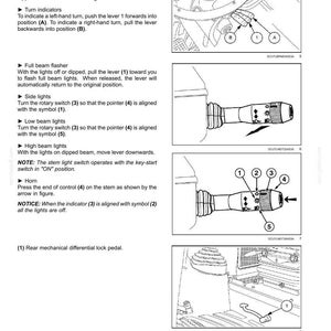 May include: A technical manual page titled 3 - CONTROLS AND INSTRUMENTS featuring black and white line drawings of a vehicle multi-function control lever and a rear mechanical differential lock pedal with numbered labels and instructional text.