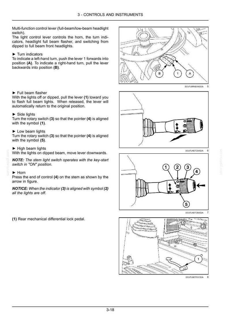 May include: A technical manual page titled 3 - CONTROLS AND INSTRUMENTS featuring black and white line drawings of a vehicle multi-function control lever and a rear mechanical differential lock pedal with numbered labels and instructional text.