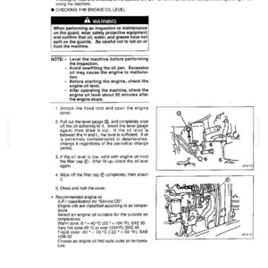 May include: A page from a technical manual titled MAINTENANCE, 8-HOUR (DAILY) INSPECTION AND MAINTENANCE. It includes a WARNING section, instructions for checking engine oil levels, and two black and white line drawings labeled G and F.
