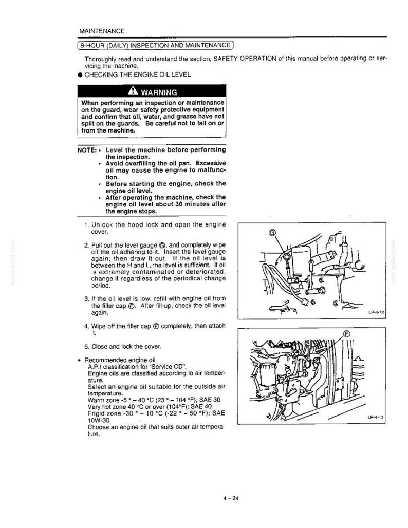 May include: A page from a technical manual titled MAINTENANCE, 8-HOUR (DAILY) INSPECTION AND MAINTENANCE. It includes a WARNING section, instructions for checking engine oil levels, and two black and white line drawings labeled G and F.