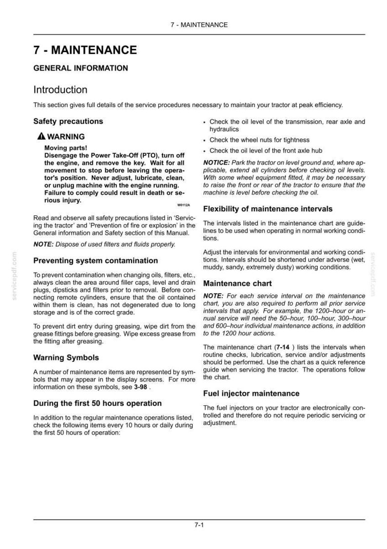 May include: A black and white technical document page titled 7-MAINTENANCE, providing general information, safety precautions, and maintenance guidelines for a tractor. The text includes sections on preventing system contamination, maintenance intervals, and fuel injector maintenance.