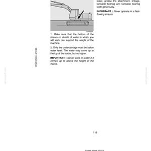 May include: A page from an operating manual with the title "OPERATING IN WATER." It features a diagram of a construction vehicle in water, with instructions on safe operation. Text includes safety precautions and warnings.