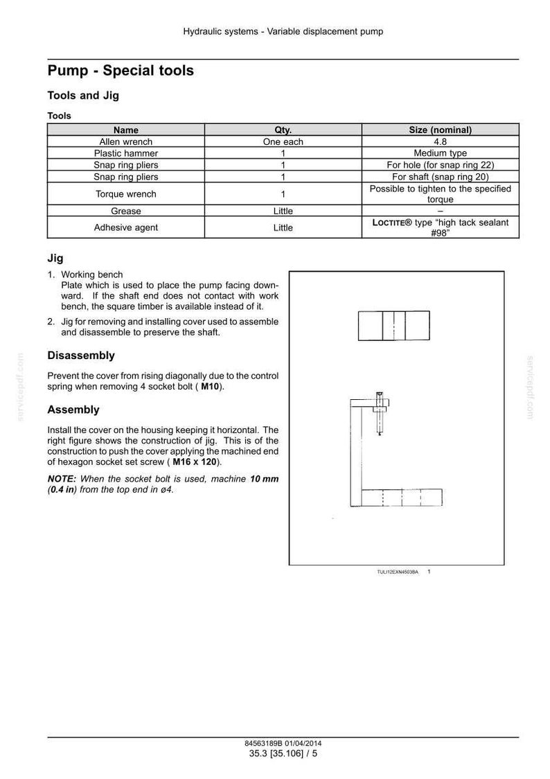 Puede incluir: Un documento t&eacute;cnico titulado Hydraulic systems - Variable displacement pump, que incluye una tabla de herramientas especiales como llave Allen, martillo de pl&aacute;stico, alicates para anillos el&aacute;sticos, llave dinamom&eacute;trica, grasa y adhesivo, y un diagrama.