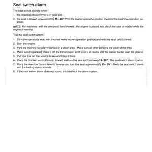 May include: A page from a troubleshooting manual titled "8 - TROUBLESHOOTING" with instructions on how to test a seat switch alarm. The text includes steps to follow and a note about electronic hand throttles.