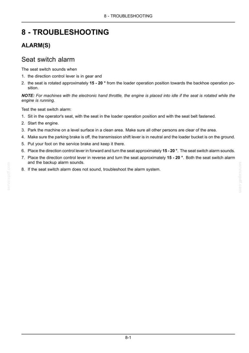 May include: A page from a troubleshooting manual titled "8 - TROUBLESHOOTING" with instructions on how to test a seat switch alarm. The text includes steps to follow and a note about electronic hand throttles.