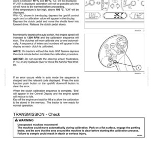 May include: A technical manual page titled 7-MAINTENANCE containing instructions for tractor transmission oil calibration. It features diagrams of a dashboard display showing 35C and a control lever with an A button, plus a warning box.