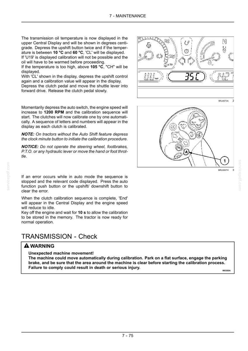 May include: A technical manual page titled 7-MAINTENANCE containing instructions for tractor transmission oil calibration. It features diagrams of a dashboard display showing 35C and a control lever with an A button, plus a warning box.