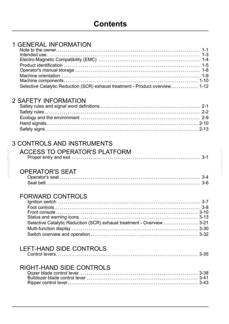 May include: A page from a manual titled "Contents" with a list of topics including "General Information", "Safety Information", and "Controls and Instruments". The text is black on a white background.