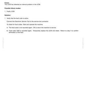 May include: A document detailing fault codes for electrical systems. The text includes the fault code 1836-UCM, context, cause, possible failure modes, and a solution with steps to resolve the issue. The document is white with black text.