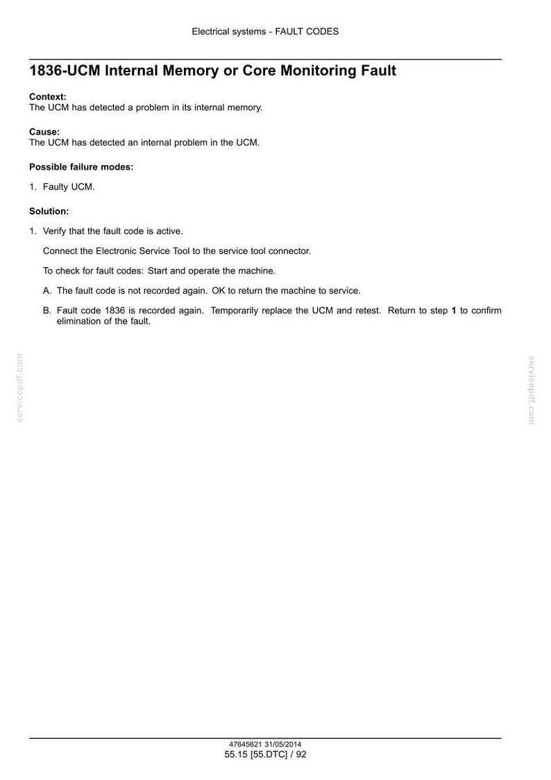 May include: A document detailing fault codes for electrical systems. The text includes the fault code 1836-UCM, context, cause, possible failure modes, and a solution with steps to resolve the issue. The document is white with black text.