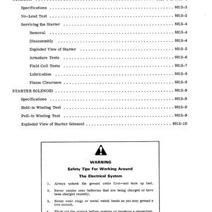 May include: A black and white printed page with the title "TABLE OF CONTENTS". The page lists topics related to starters and starter solenoids, including specifications, tests, and disassembly instructions. A warning section provides safety tips.