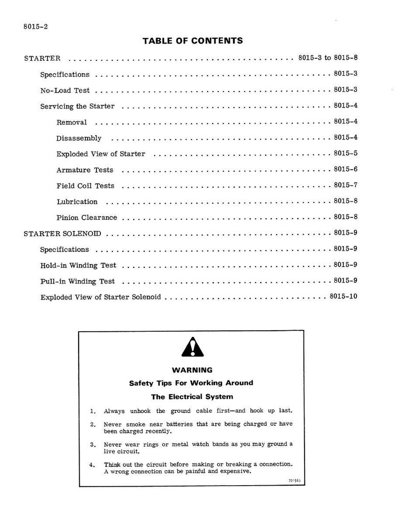 May include: A black and white printed page with the title "TABLE OF CONTENTS". The page lists topics related to starters and starter solenoids, including specifications, tests, and disassembly instructions. A warning section provides safety tips.