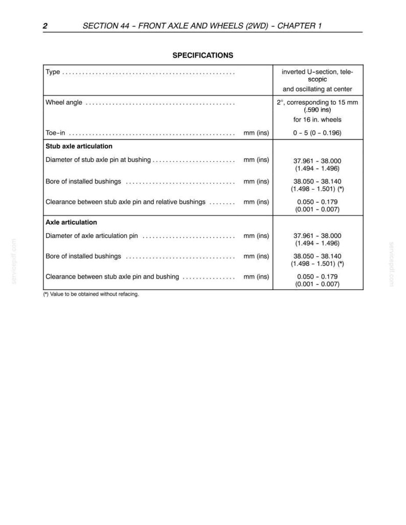 May include: A technical specification table titled SECTION 44 - FRONT AXLE AND WHEELS (2WD) - CHAPTER 1. It lists data for type, wheel angle, toe-in, stub axle articulation, and axle articulation with measurements in both millimetres and inches.