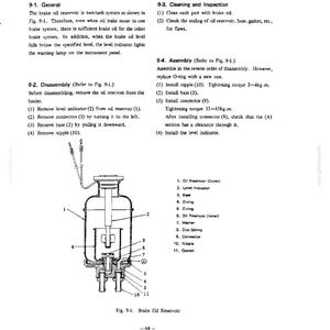 Pode incluir: Um diagrama t&eacute;cnico intitulado 9. BRAKE FLUID RESERVOIR, apresentando uma ilustra&ccedil;&atilde;o em corte transversal de um sistema de reservat&oacute;rio de &oacute;leo de freio de dois tanques. O documento inclui listas de pe&ccedil;as numeradas e instru&ccedil;&otilde;es de montagem.