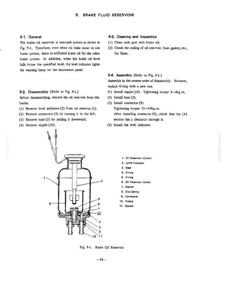 Pode incluir: Um diagrama t&eacute;cnico intitulado 9. BRAKE FLUID RESERVOIR, apresentando uma ilustra&ccedil;&atilde;o em corte transversal de um sistema de reservat&oacute;rio de &oacute;leo de freio de dois tanques. O documento inclui listas de pe&ccedil;as numeradas e instru&ccedil;&otilde;es de montagem.