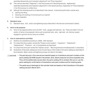 Op de afbeelding: Een witte pagina uit een technisch handboek met de titel General E485C, How to read this manual. Het beschrijft de reikwijdte van reparatiewerkzaamheden, standaardwaarden, voor te bereiden items en het lezen van secties en titels, inclusief een waarschuwing.