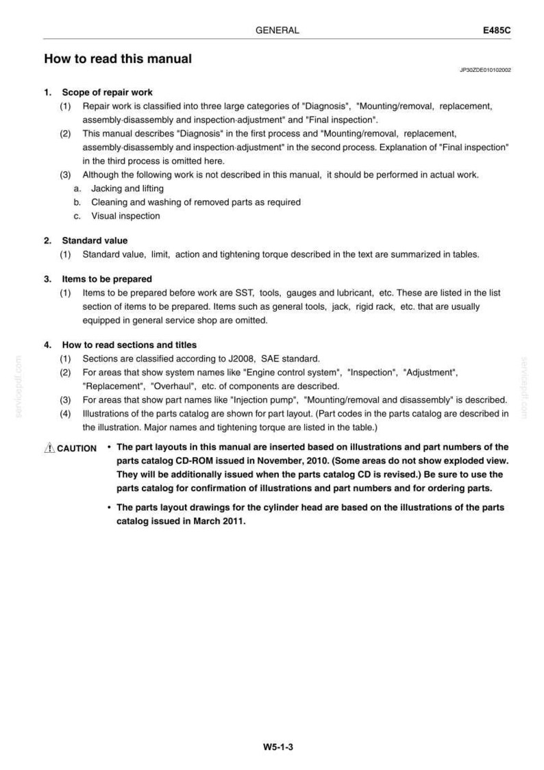 Op de afbeelding: Een witte pagina uit een technisch handboek met de titel General E485C, How to read this manual. Het beschrijft de reikwijdte van reparatiewerkzaamheden, standaardwaarden, voor te bereiden items en het lezen van secties en titels, inclusief een waarschuwing.