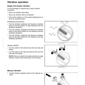 May include: Page from a manual detailing vibration operations. Diagrams illustrate switch positions for single and double vibration, with labels for frequency and amplitude settings. Includes text on preselecting frequency and vibration on/off.