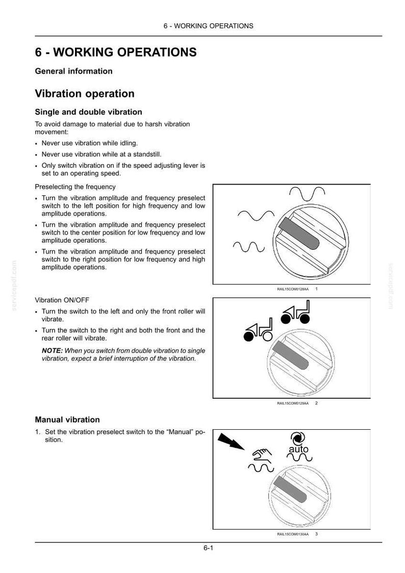 May include: Page from a manual detailing vibration operations. Diagrams illustrate switch positions for single and double vibration, with labels for frequency and amplitude settings. Includes text on preselecting frequency and vibration on/off.