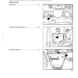 Op de afbeelding: Een pagina uit een technisch handboek getiteld SECTION 8 - LUBRICATION/FILTERS/FLUIDS. Het bevat onderhoudsniveaus voor motorolie, koelvloeistofreservoir en hydraulisch reservoir, vergezeld van drie zwart-wit lijntekeningen met pijlen.
