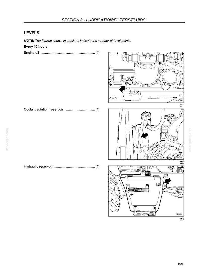 Op de afbeelding: Een pagina uit een technisch handboek getiteld SECTION 8 - LUBRICATION/FILTERS/FLUIDS. Het bevat onderhoudsniveaus voor motorolie, koelvloeistofreservoir en hydraulisch reservoir, vergezeld van drie zwart-wit lijntekeningen met pijlen.