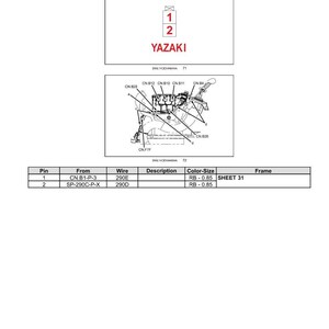 May include: Diagram of electrical systems, including a connector labeled CN.F7 for a motor actuator. The diagram includes a table with pin, wire, and color-size information. The YAZAKI logo is visible.