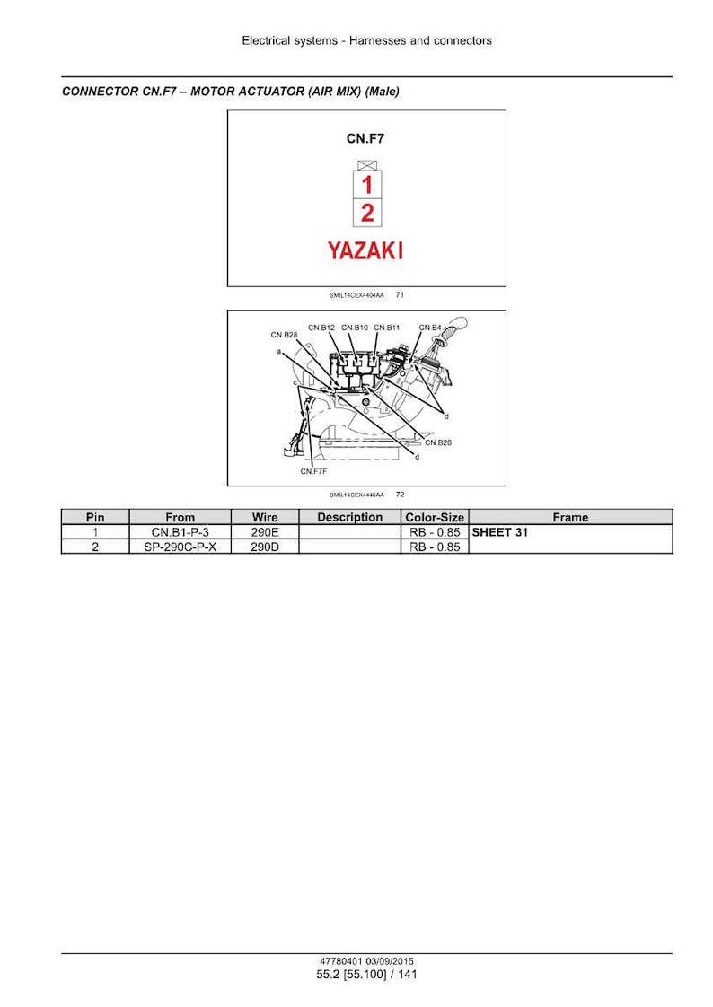 May include: Diagram of electrical systems, including a connector labeled CN.F7 for a motor actuator. The diagram includes a table with pin, wire, and color-size information. The YAZAKI logo is visible.