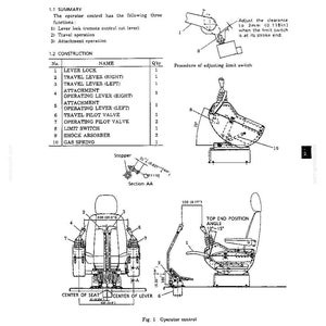 May include: A technical diagram labeled 1. OPERATOR CONTROL showing construction details for a seat with levers, including a table listing parts like lever lock, travel levers, and pilot valves, with measurements in inches and millimeters.