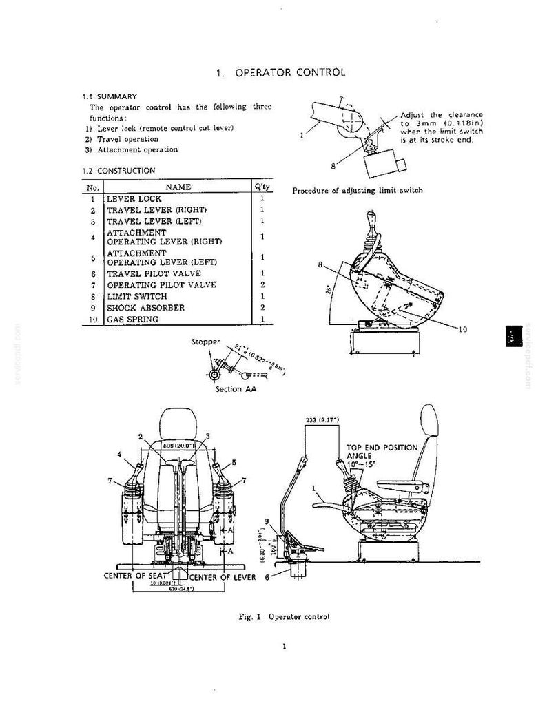 May include: A technical diagram labeled 1. OPERATOR CONTROL showing construction details for a seat with levers, including a table listing parts like lever lock, travel levers, and pilot valves, with measurements in inches and millimeters.