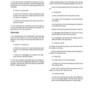 May include: A manual page titled "Checking the Warning Lamps" with troubleshooting advice. It covers engine oil pressure, hydraulic filter, and air filter problems, including checking bulbs, connections, and wiring for faults.